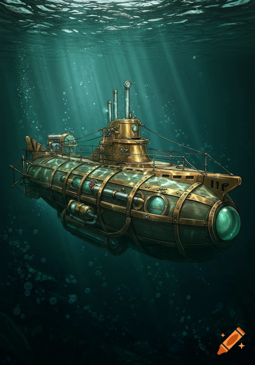 A steampunk submarine floats in deep water with sun rays filtering from the surface.