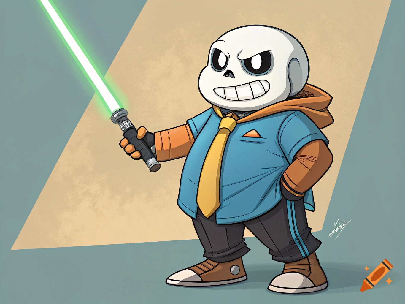 Cartoon skeleton character wearing a blue jacket, yellow tie, and orange gloves, holding a green lightsaber.