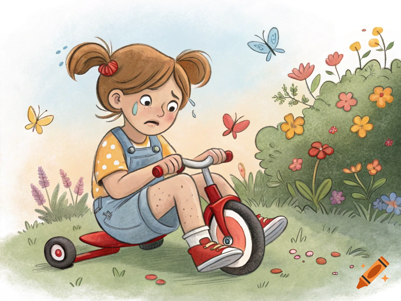 Cartoon girl crying next to a red tricycle in a garden with butterflies.
