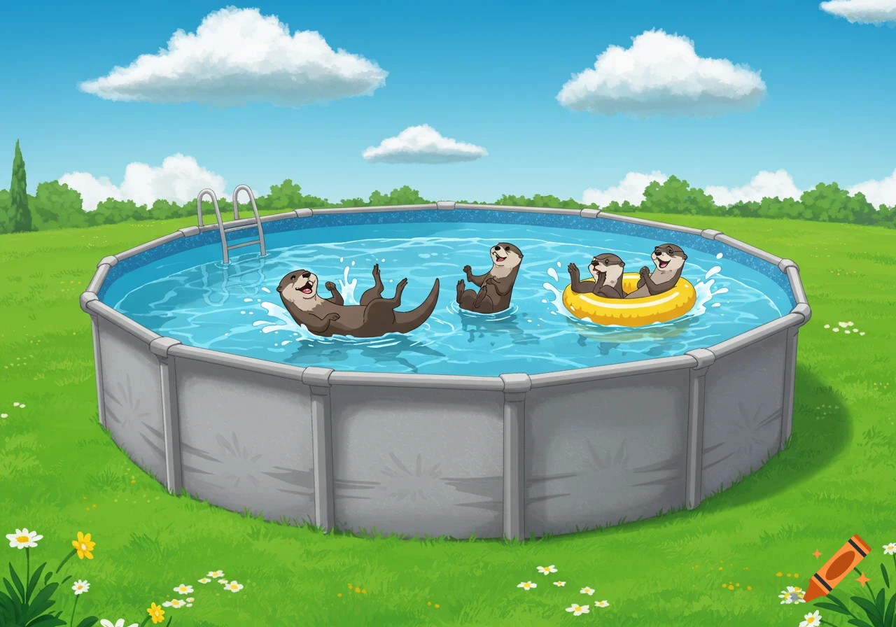 Cartoon otters play in an above-ground pool.