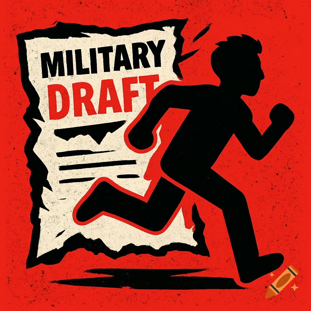 Stylized illustration of a person silhouette running from a ripped 'MILITARY DRAFT' document on a red background.