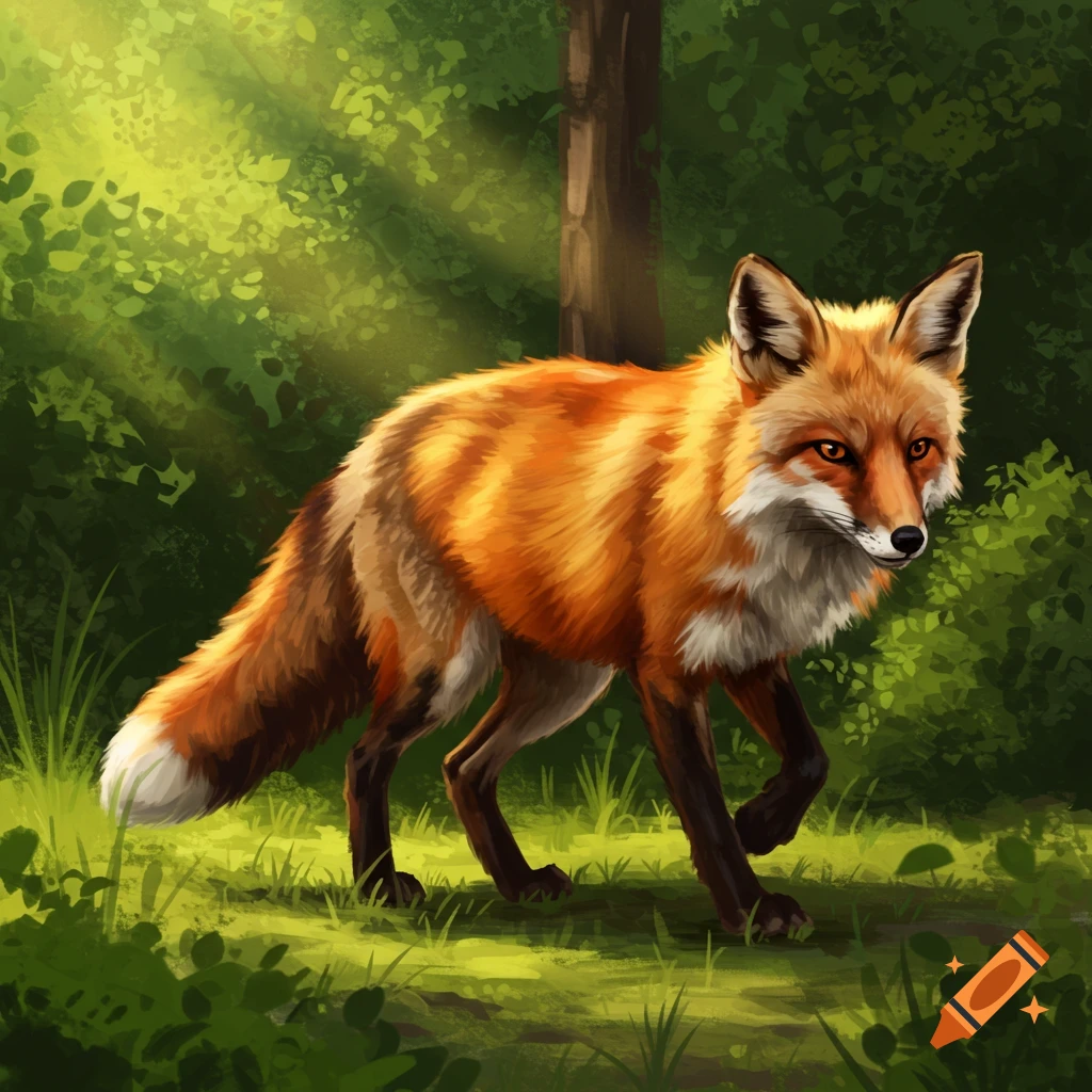 A red fox walks through a sunlit forest in a painting. on Craiyon