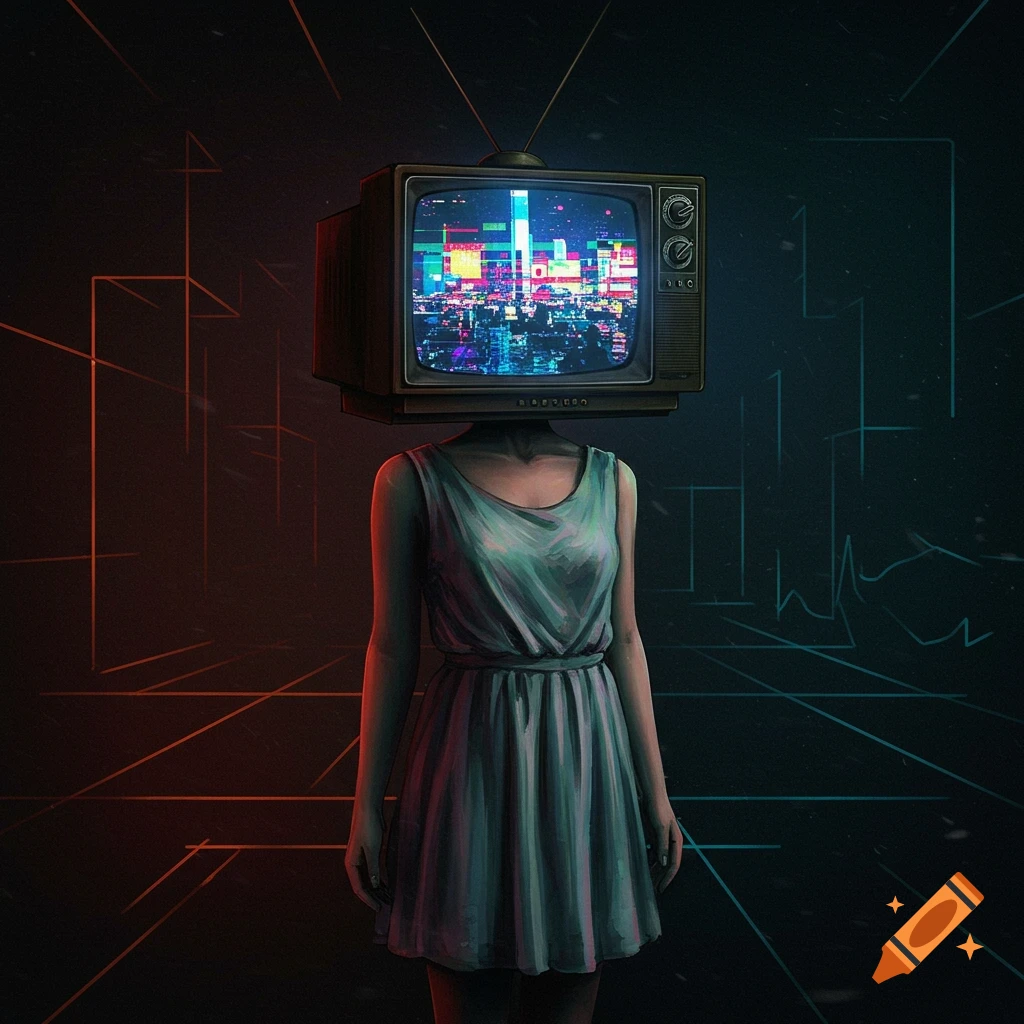 Woman with a retro TV head showing a colorful cityscape stands in a dark abstract room with neon lines.