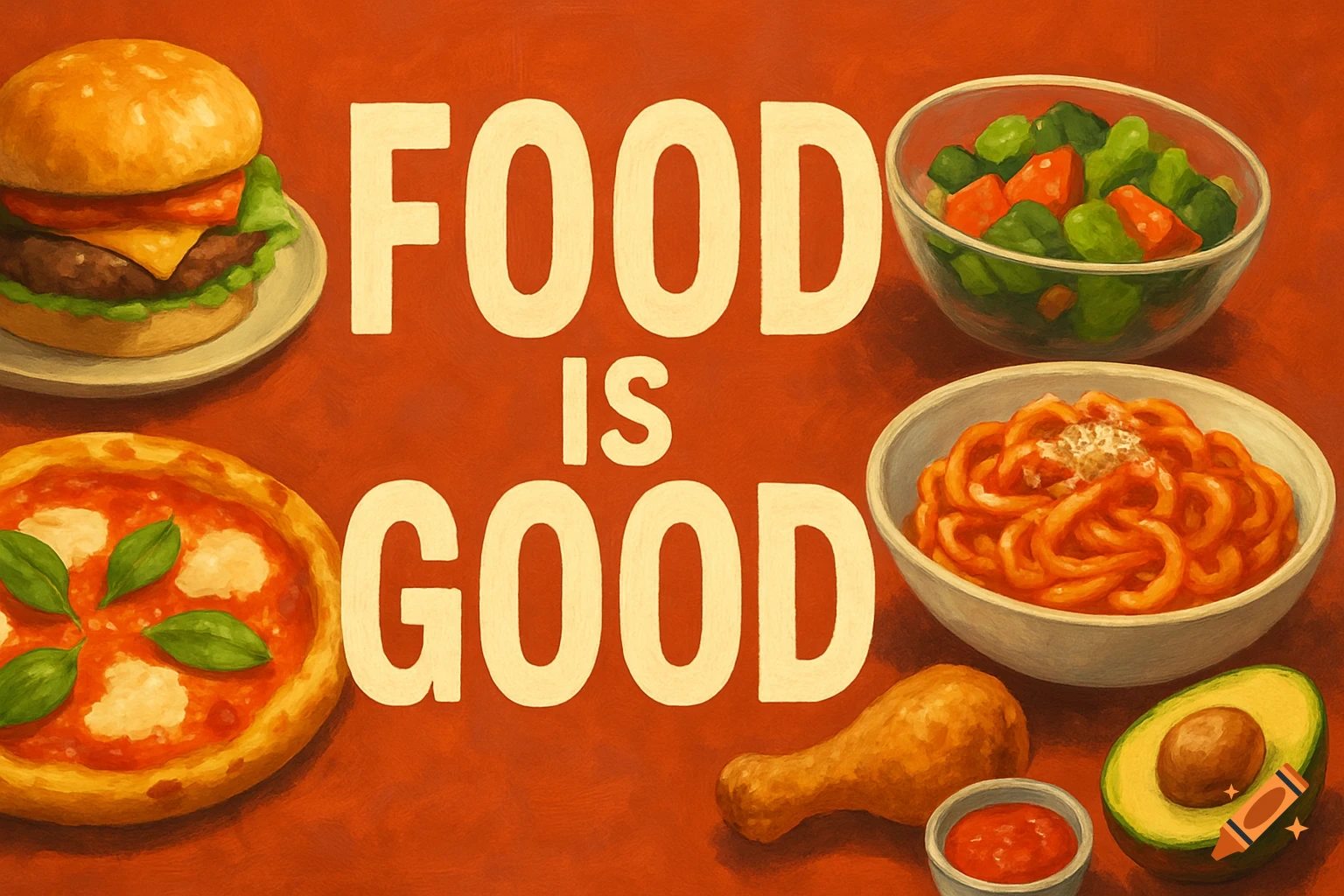 Illustration of a food spread (burger, pizza, salad, spaghetti, chicken leg, avocado) with large text reading 'FOOD IS GOOD'.