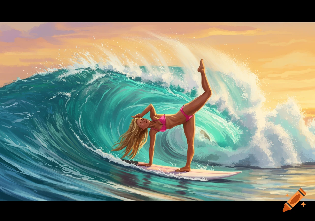 A woman in a pink bikini does a yoga pose on a surfboard while riding a large wave at sunset. Stylized illustration.