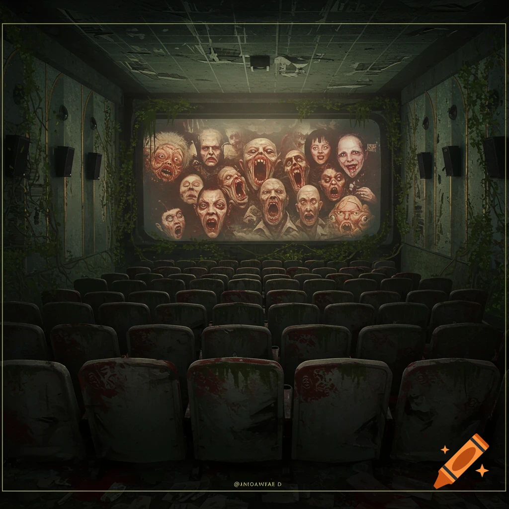 A creepy, abandoned movie theater with bloodstained seats. The screen shows a painting of many screaming, distorted faces.