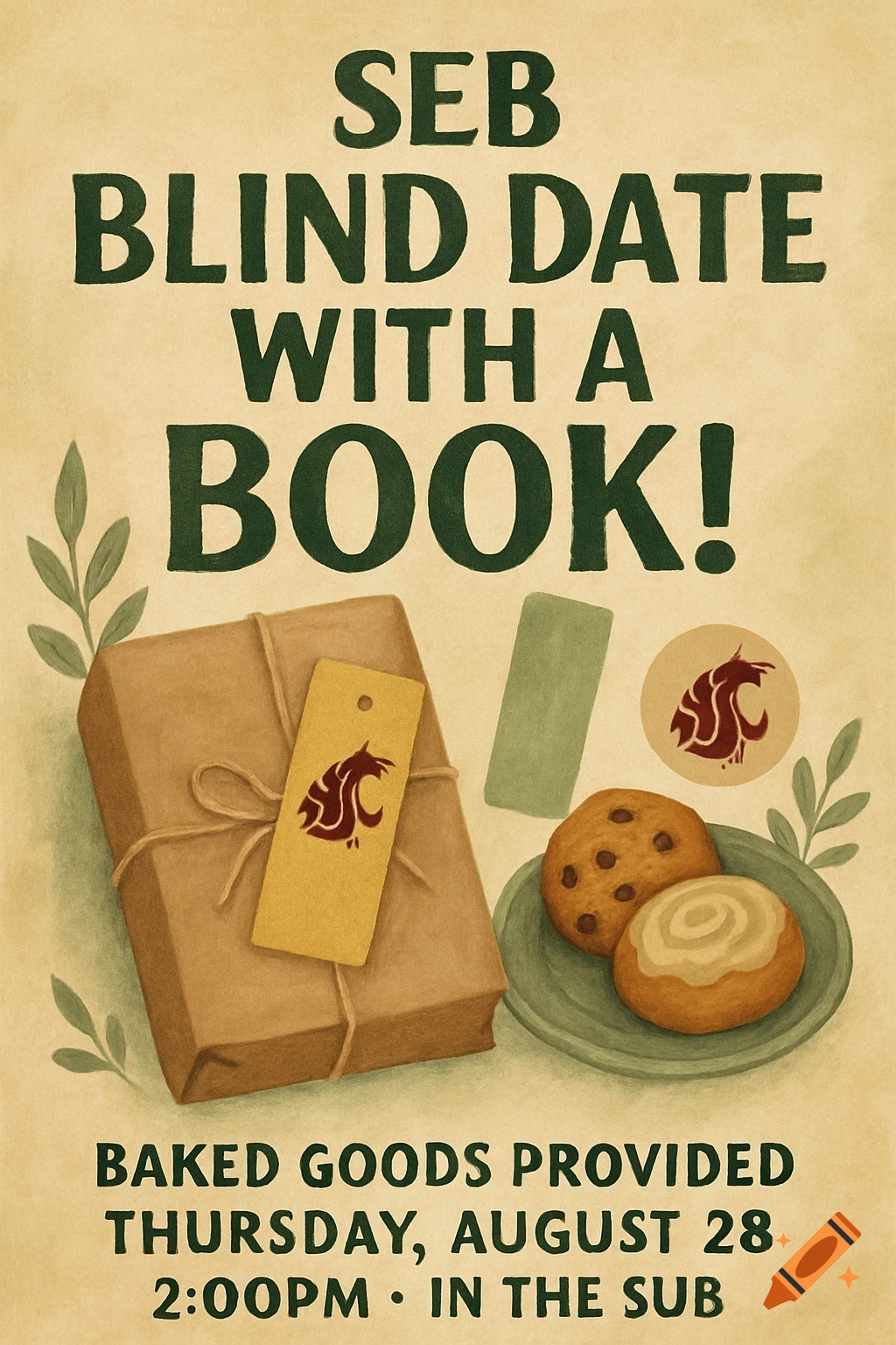 Illustration of a poster for a 'Blind Date with a Book' event, showing a wrapped book, cookies, and event details.