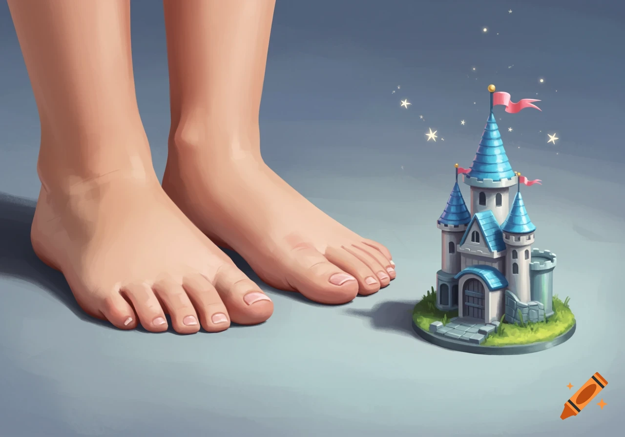Giant feet stand next to a tiny fantasy castle with blue roofs and banners.