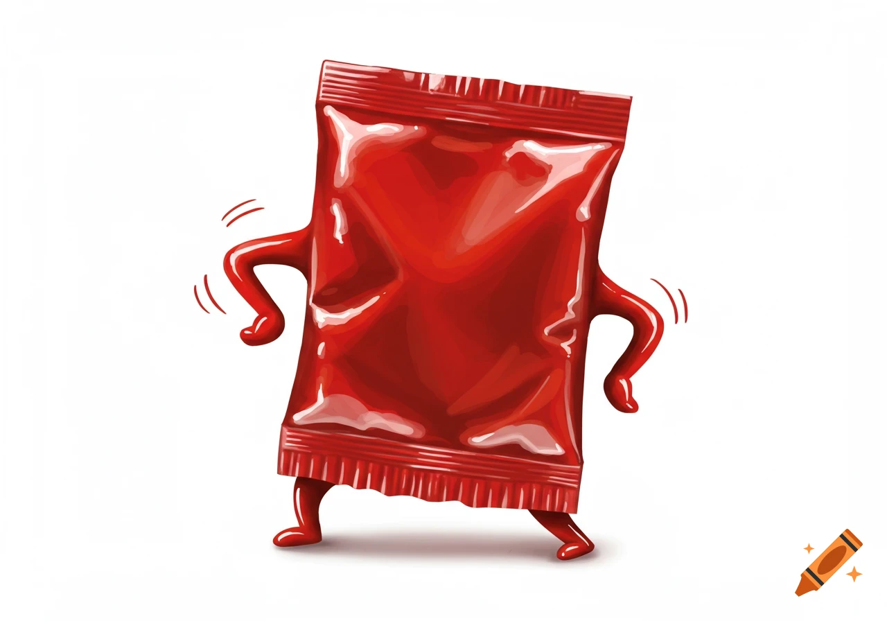 A red ketchup packet character with arms and legs is dancing.