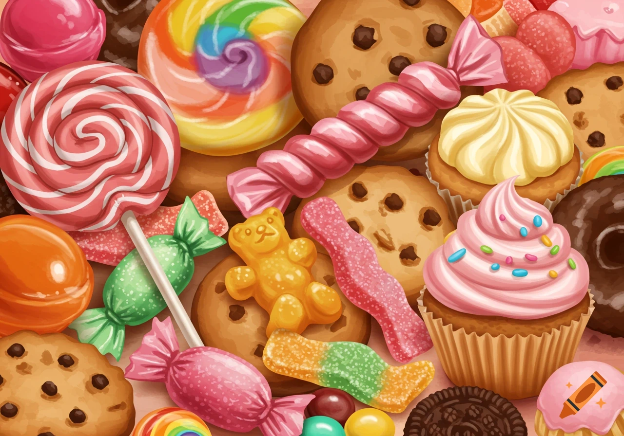 Close-up illustration of colorful candy, lollipops, cookies, gummy bears, and cupcakes.