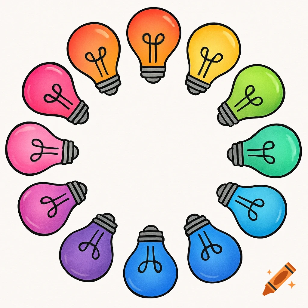 Colorful rainbow lightbulbs arranged in a circle clipart.