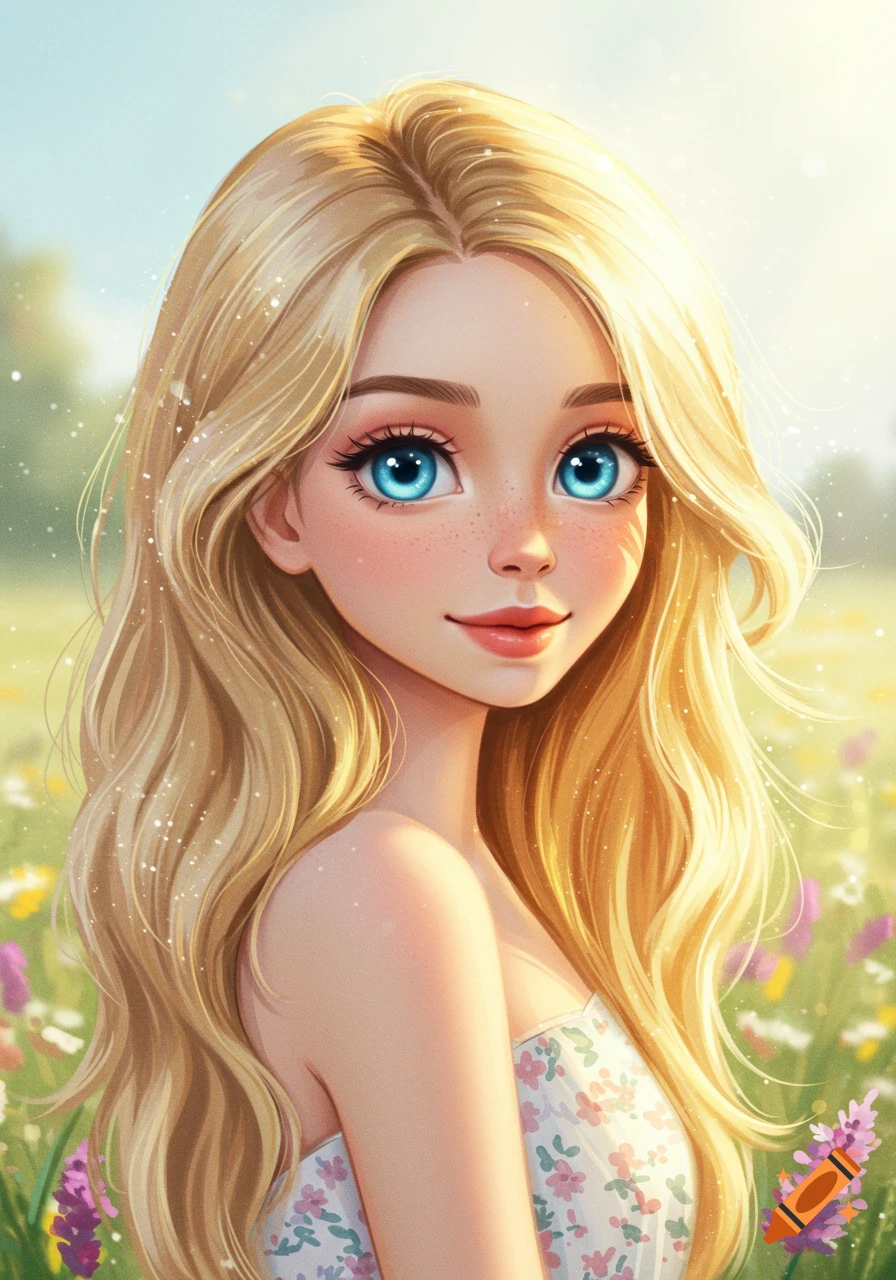 Portrait illustration of a smiling blonde girl in a field of flowers.
