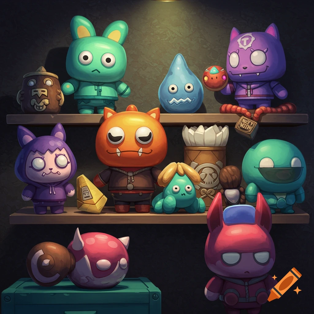 Colorful stylized monster figures displayed on shelves.