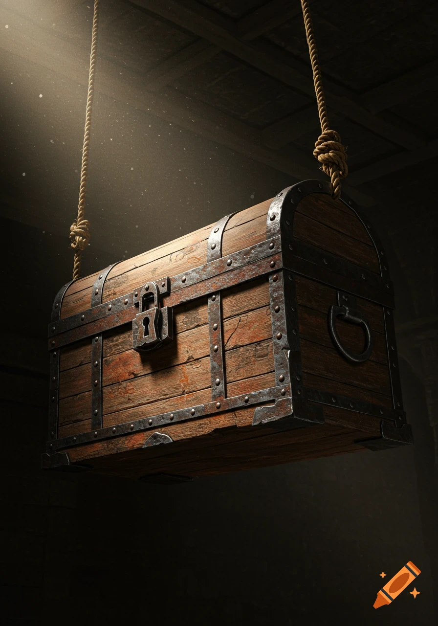 Photorealistic treasure chest hanging by ropes in a dark room, illuminated by a spotlight.