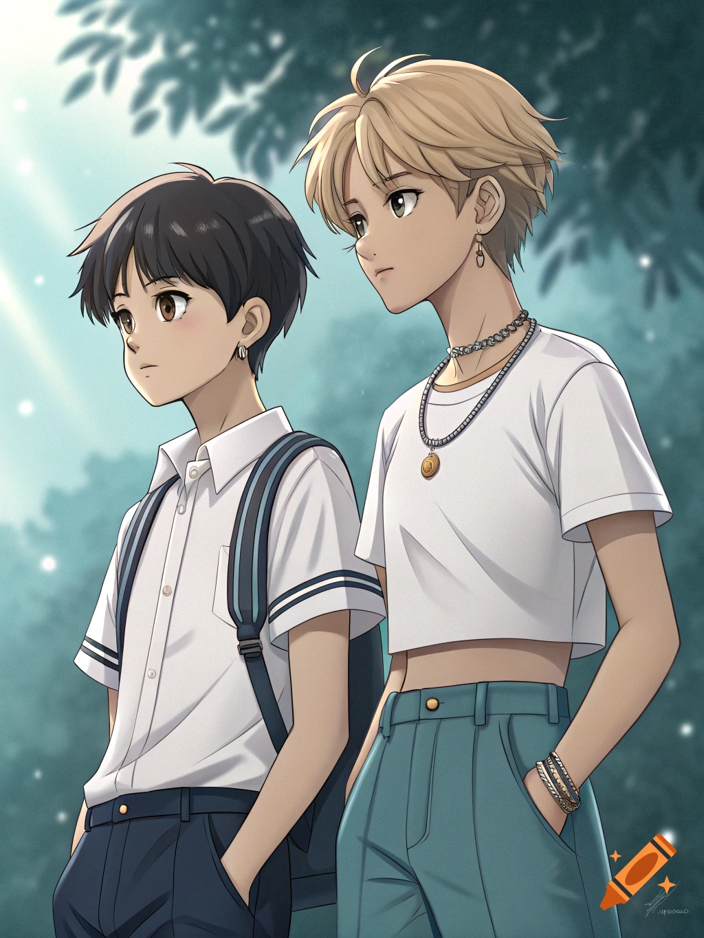 Anime illustration of two teenage boys standing outdoors, one in a school uniform, the other in a crop top and baggy pants.