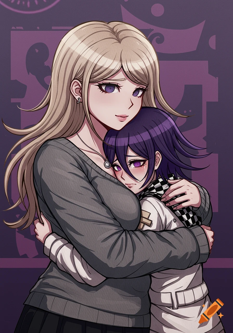 Anime style image of a blonde woman in a grey sweater hugging a smaller person with purple hair and a checkered scarf.