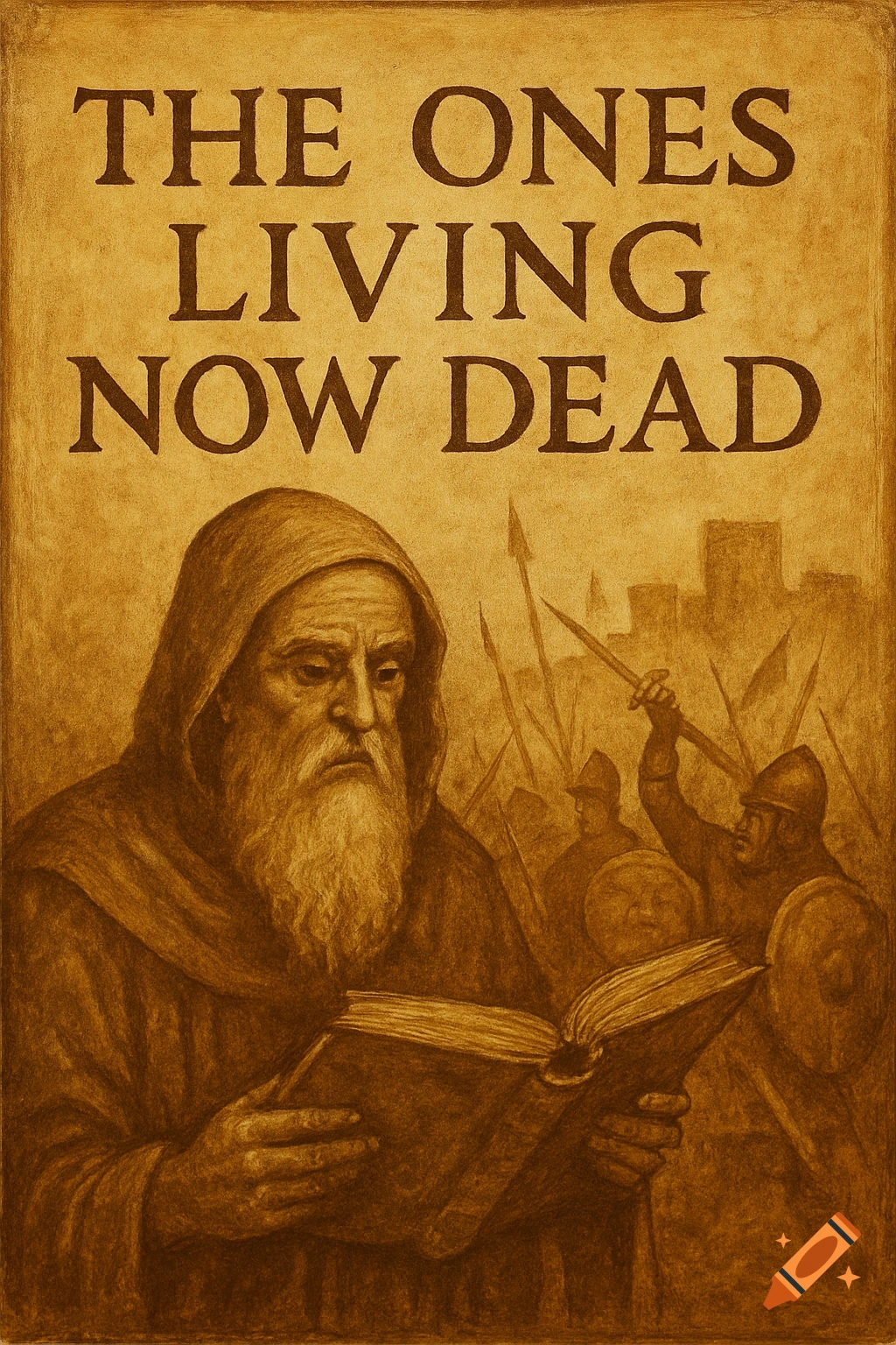 Ancient illustration of a bearded man in a hood reading a book with warriors behind him. Text reads 'THE ONES LIVING NOW DEAD'.