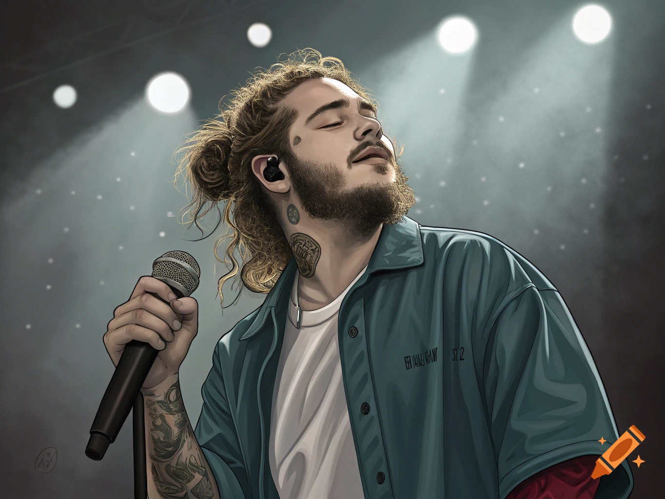 Illustration of Post Malone singing into a microphone on a stage with spotlights.