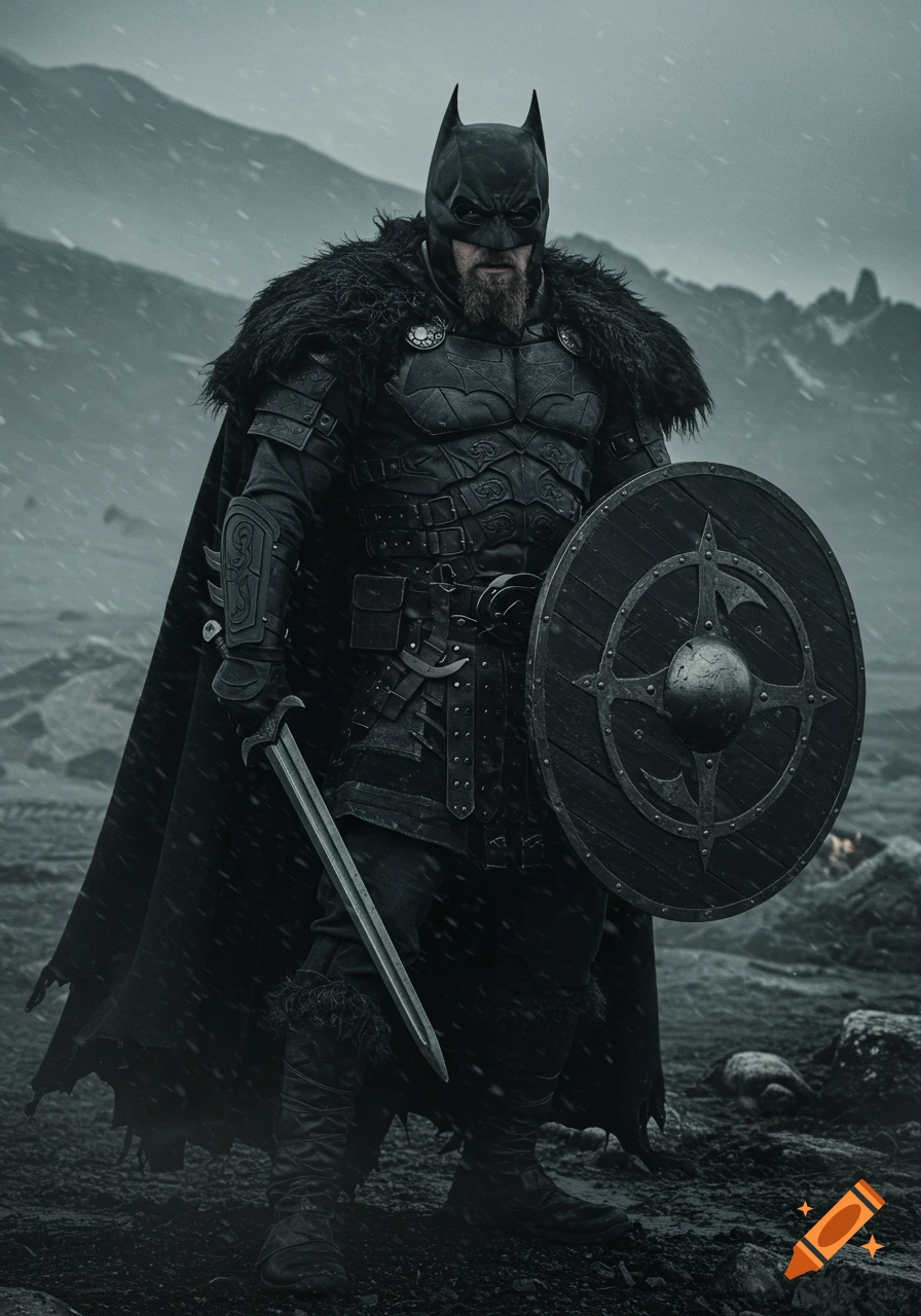 Batman dressed as a Viking with a shield and sword in a snowy landscape.