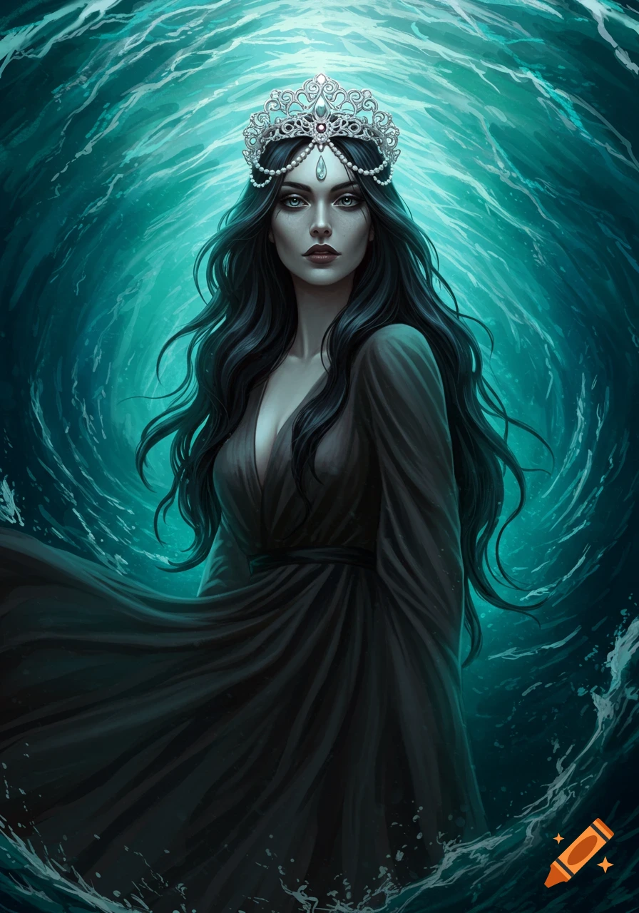 Portrait of a woman with a crown in an underwater fantasy setting.