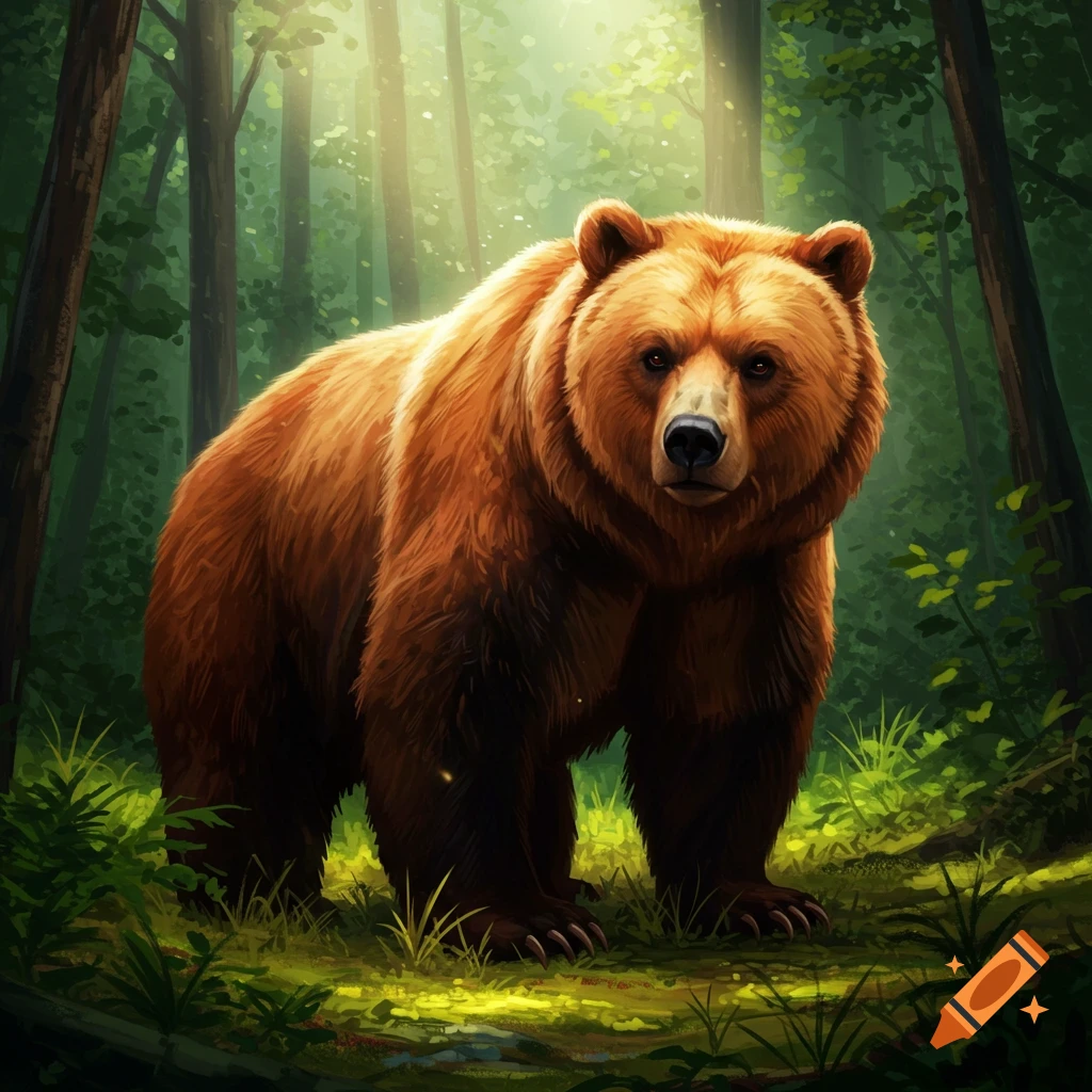 A large brown bear stands in a sunlit forest.