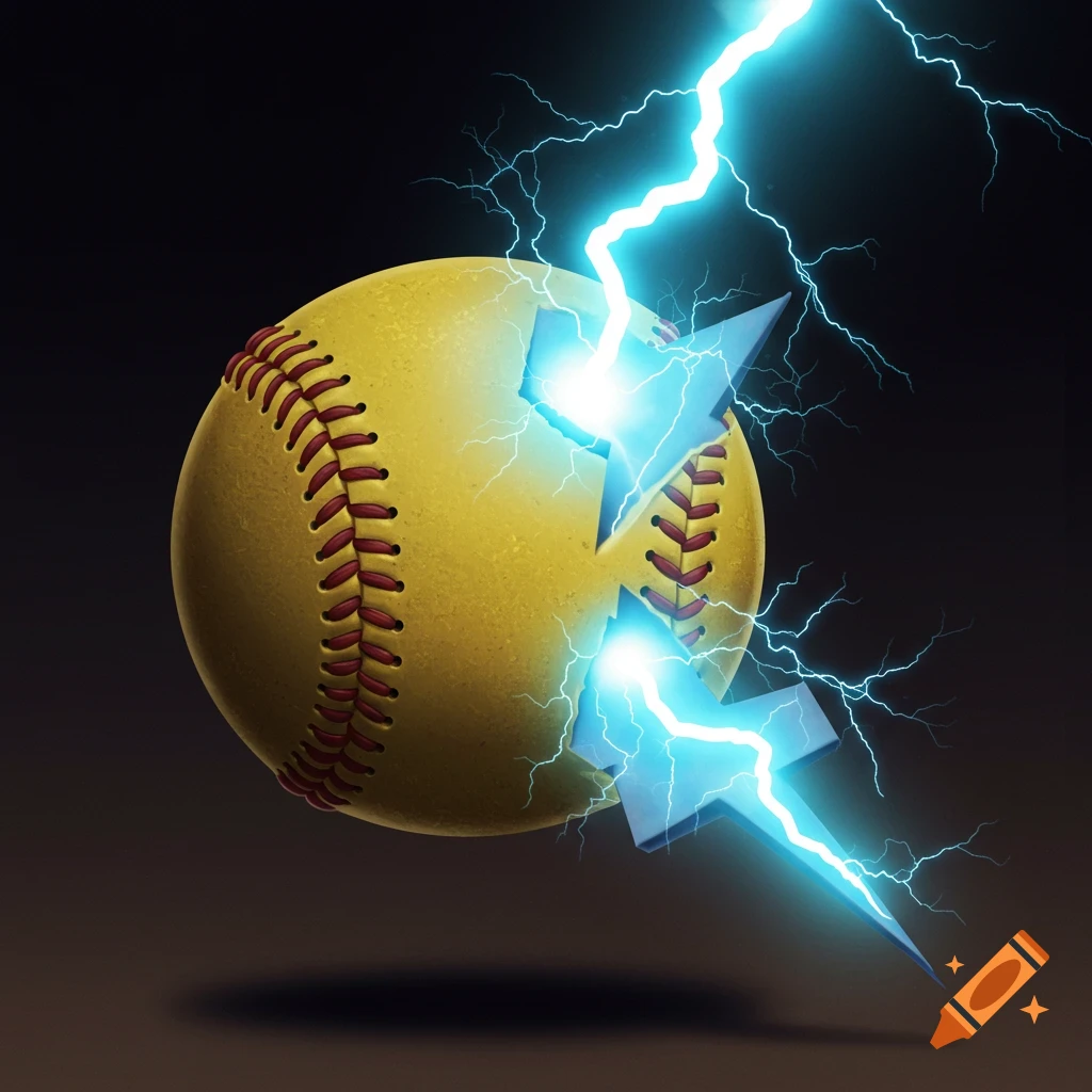 A softball is cracked open by a bolt of lightning.