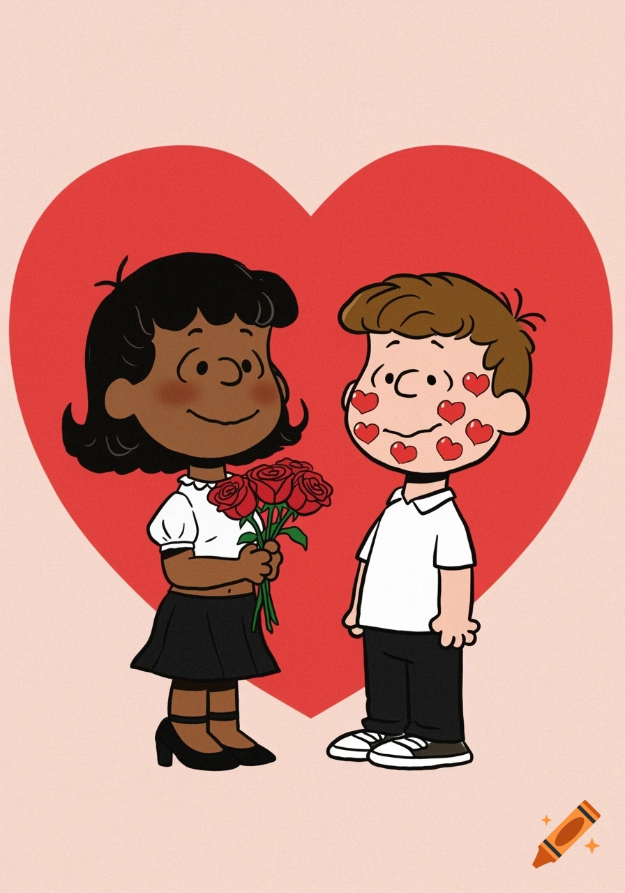 A Peanuts-style cartoon of a girl giving roses to a boy with hearts on his face, in front of a heart background.