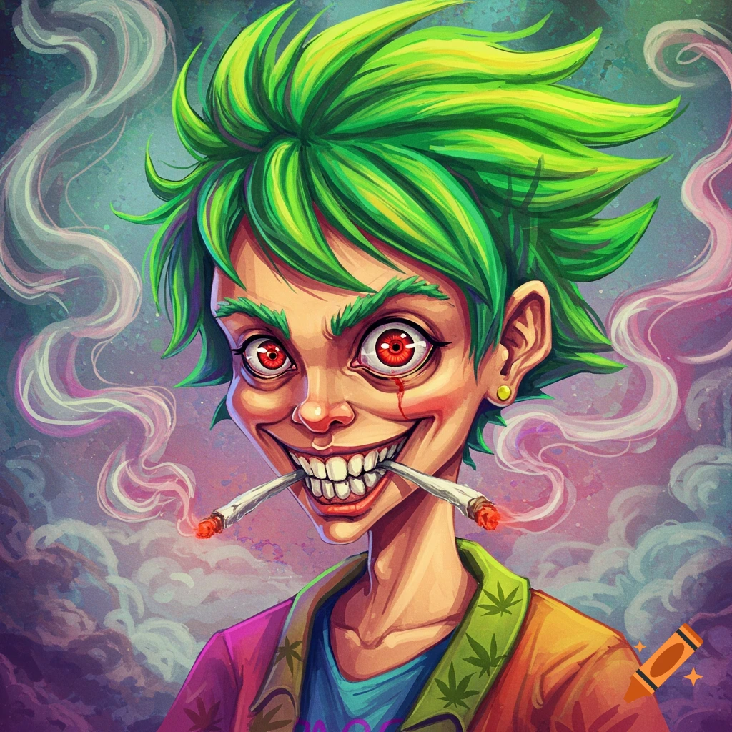 Anime style illustration of a person with green hair and red eyes smoking two joints