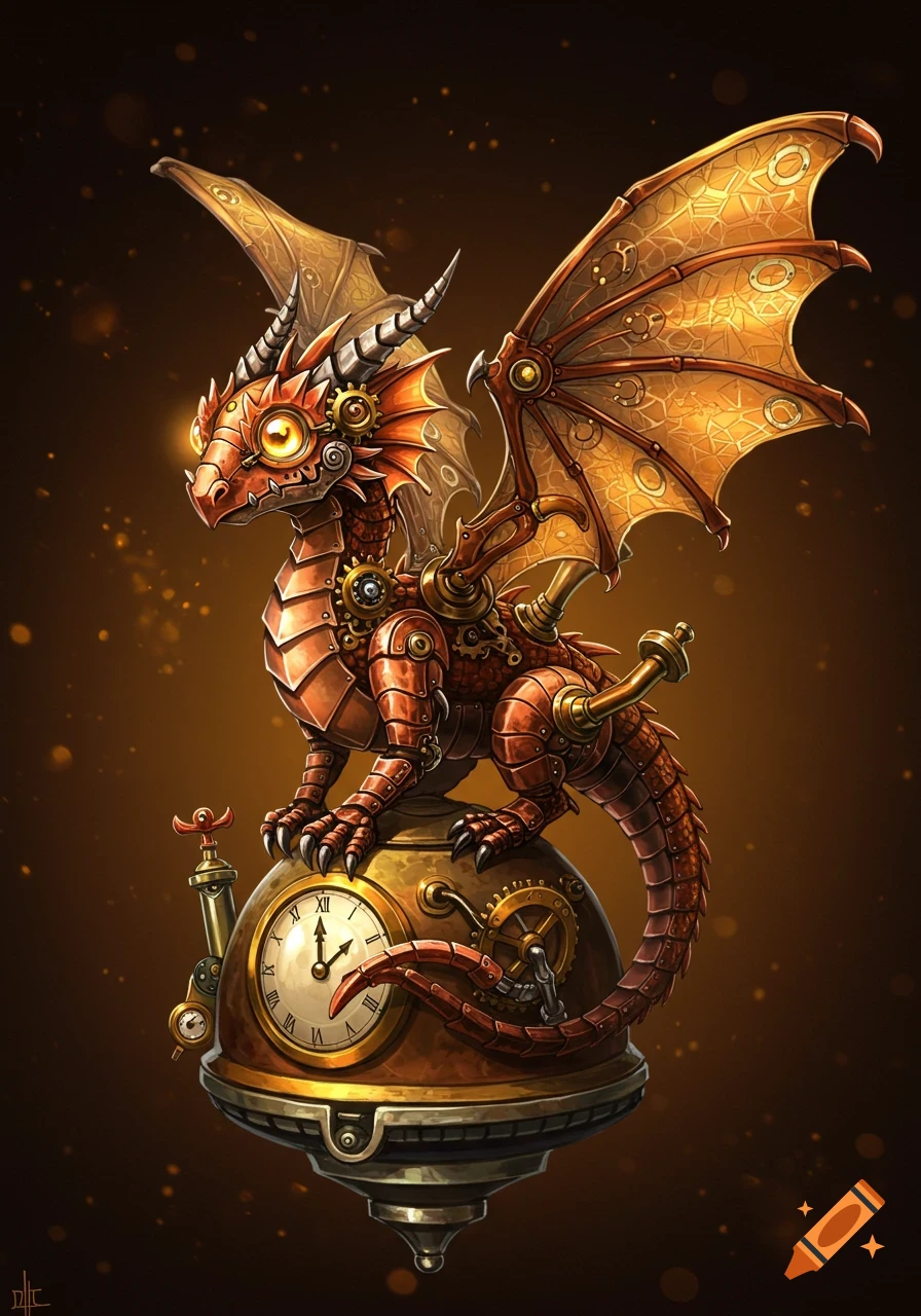 A detailed illustration of a mini steampunk dragon perched on a large clock.