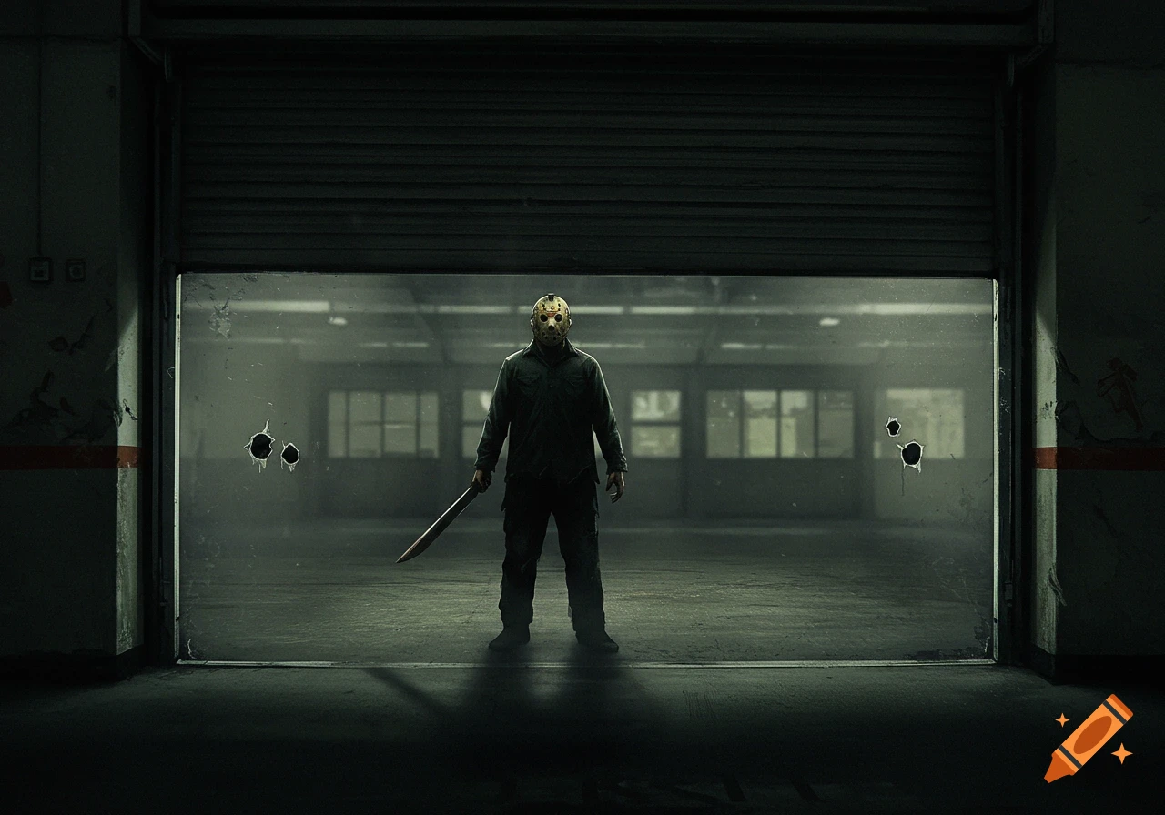 Jason Voorhees holding a machete in a dark, empty building seen through an open garage door.