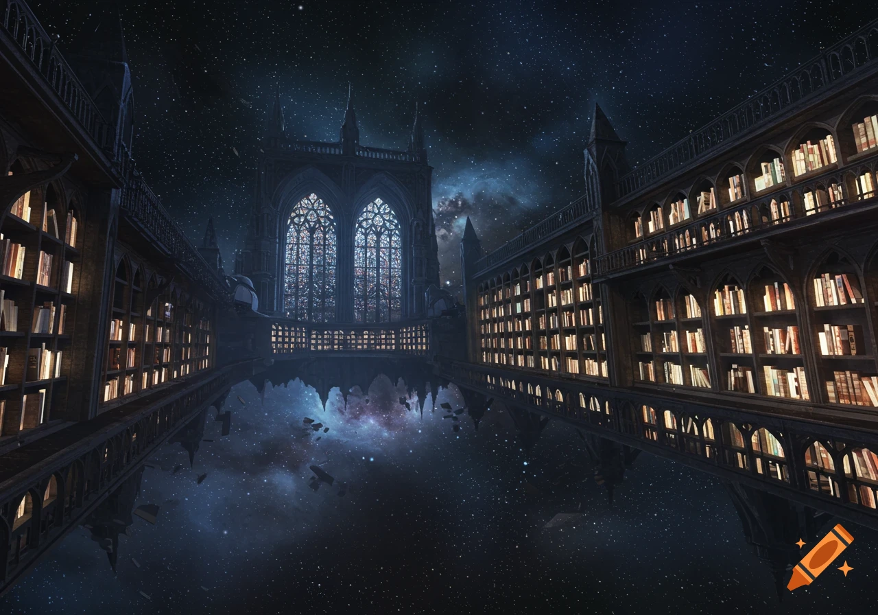 A gothic library building floats in space with books glowing on shelves and stars visible through windows and below.