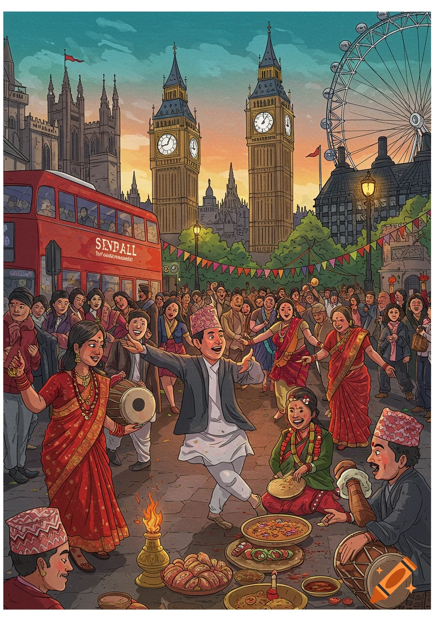 Stylized illustration of a Nepali festival in London with people dancing, food, Big Ben, and a red double-decker bus.