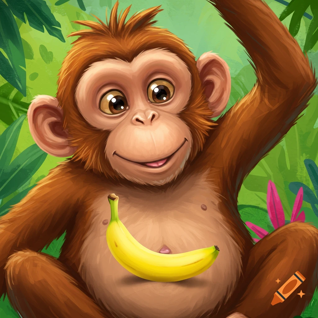 A cartoon monkey sits in a jungle with a banana on its belly.