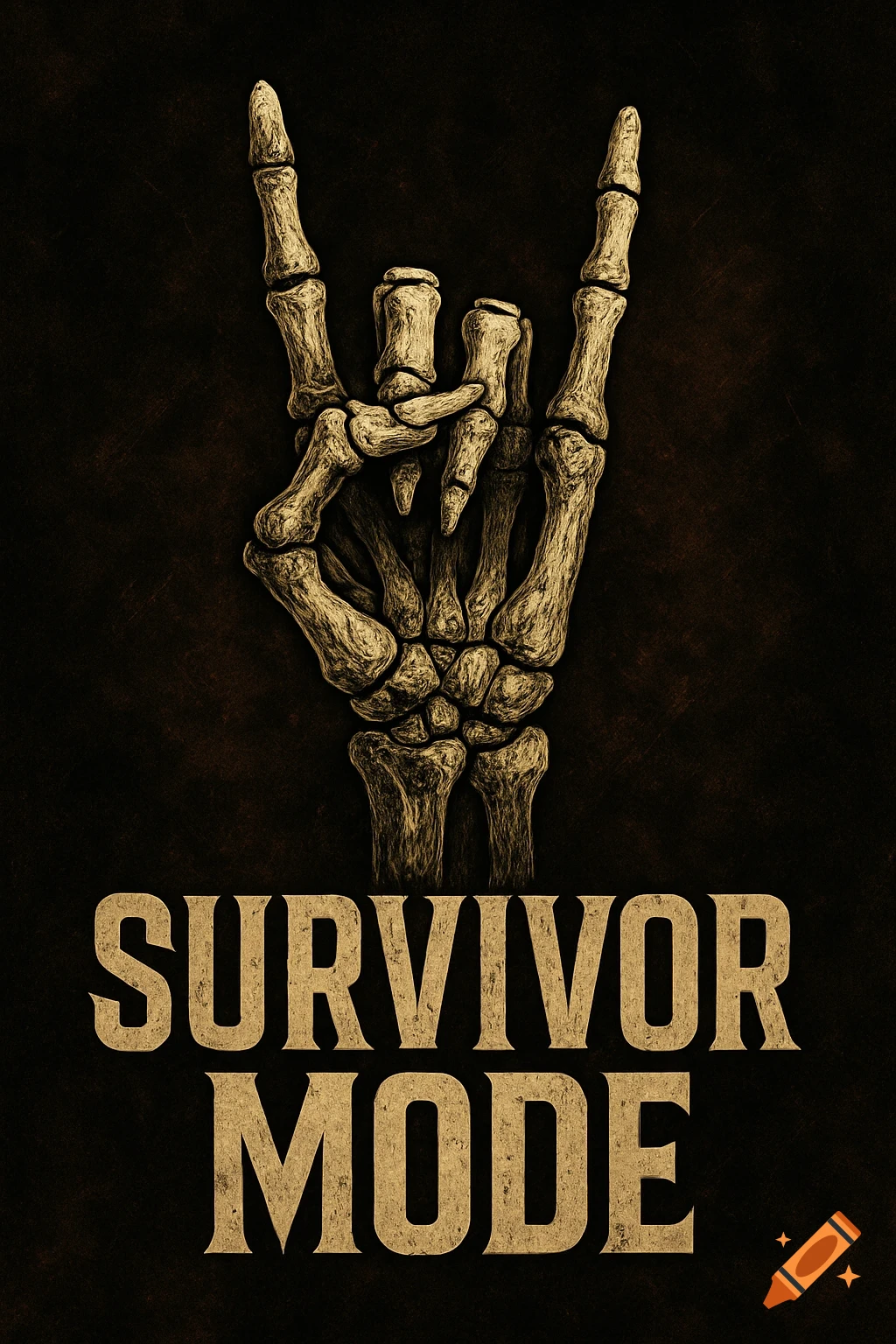 A skeletal hand making the rock on sign above the words SURVIVOR MODE on a dark textured background.