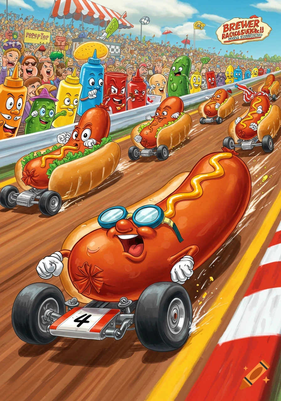 Cartoon illustration of anthropomorphic hot dogs racing in cars on a track, watched by a crowd of condiment characters.