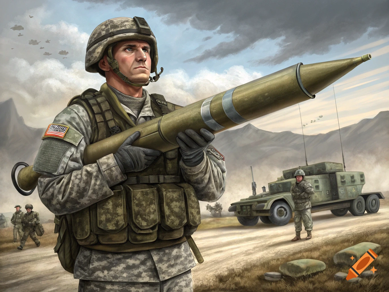 A soldier in digital camouflage holds a large rocket launcher on his shoulder. Other soldiers and a military truck are in the background in a desert landscape. Illustration.