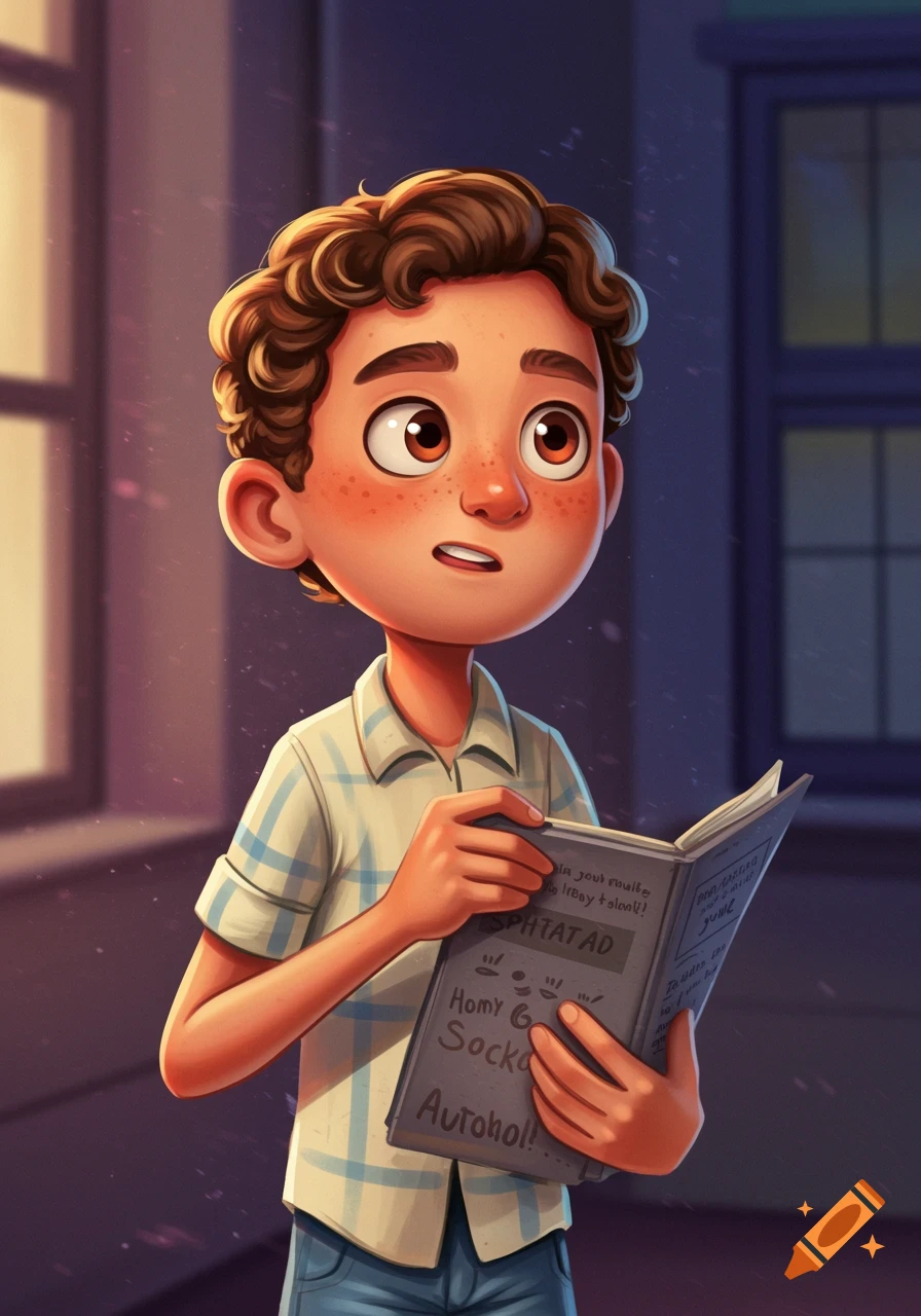 Cartoon illustration of a boy with curly hair and freckles reading a book.
