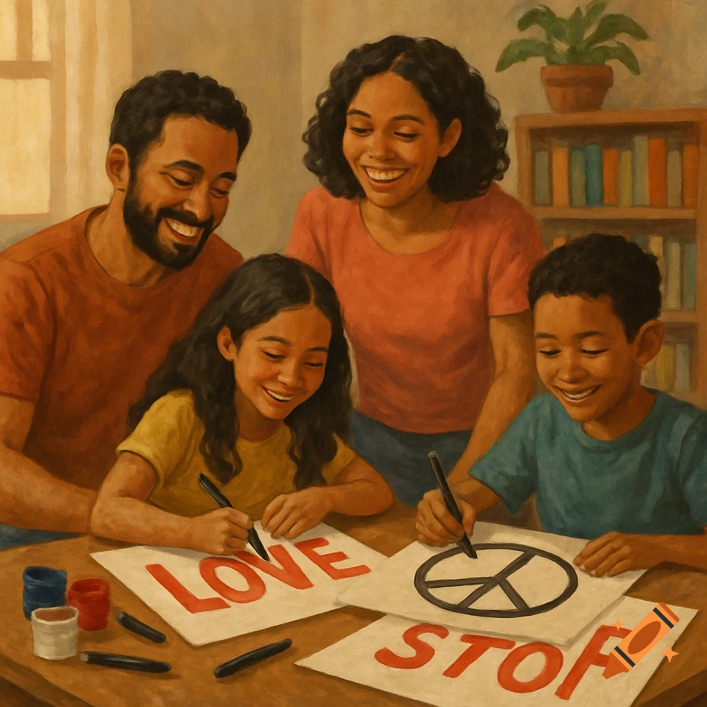 Painted illustration of a smiling family making protest signs that say LOVE and STOP, with a peace symbol.