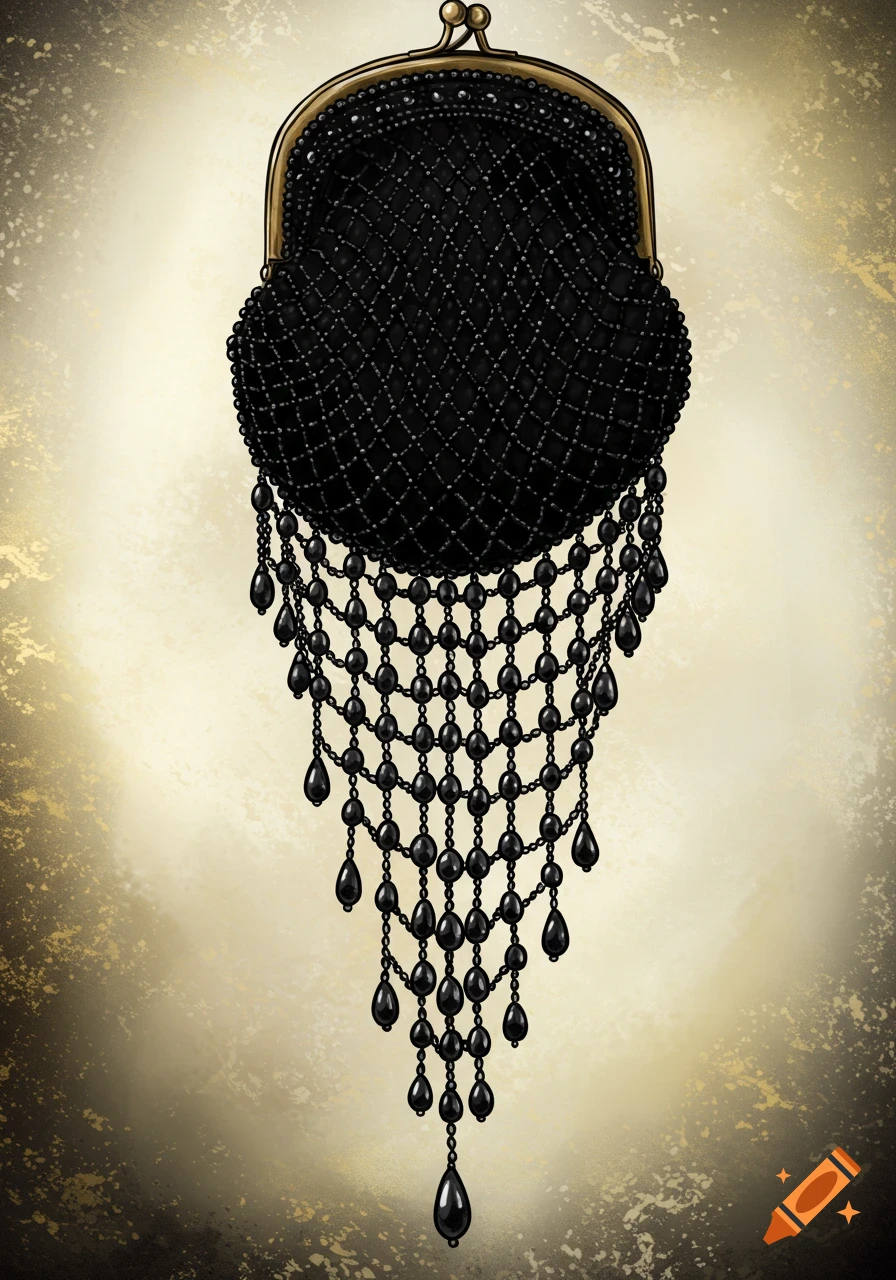 Black beaded Victorian purse with hanging bead netting on a textured background.