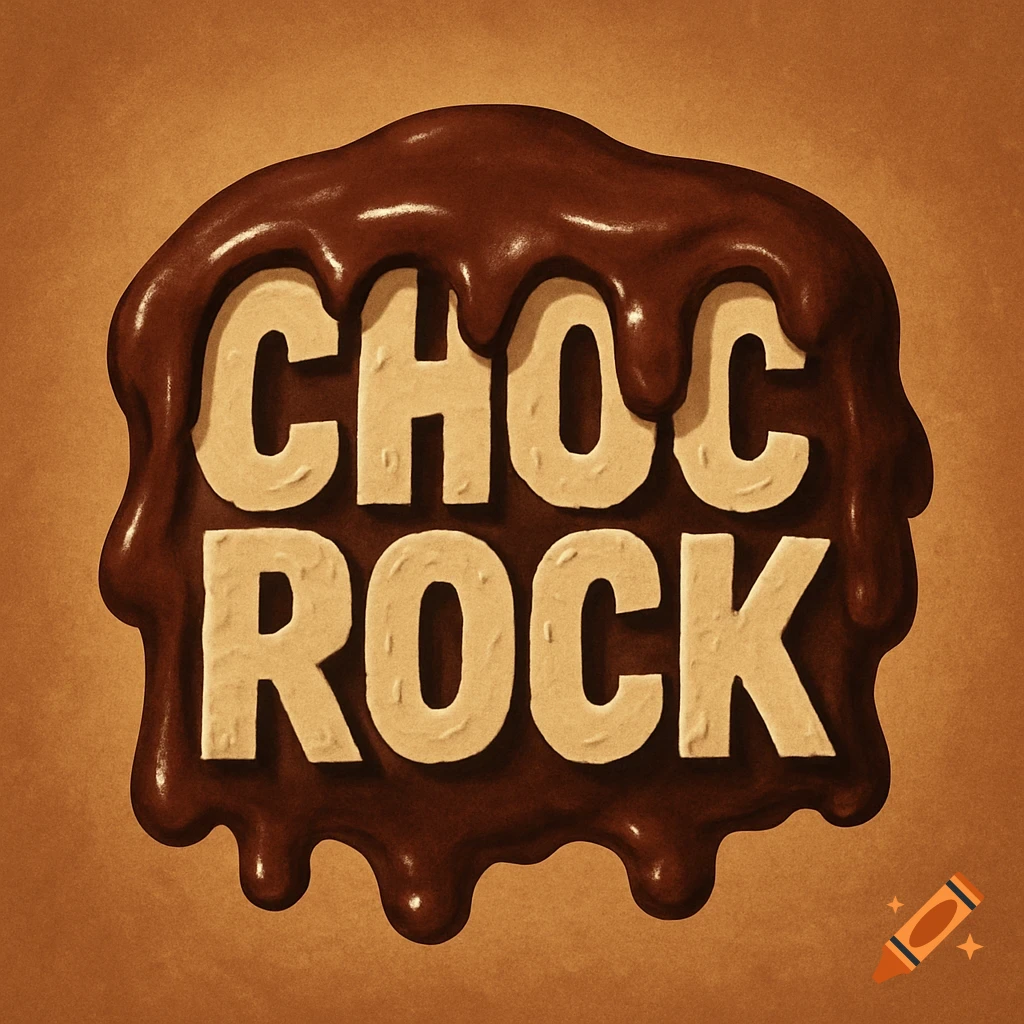 Logo with the text 'CHOC ROCK' made of cream texture partially covered by melting chocolate on a brown background.