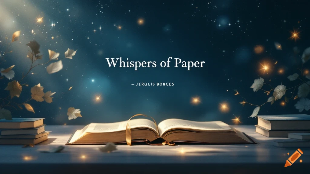Open book on a table with stacks of books, surrounded by leaves and stars in a magical night sky.