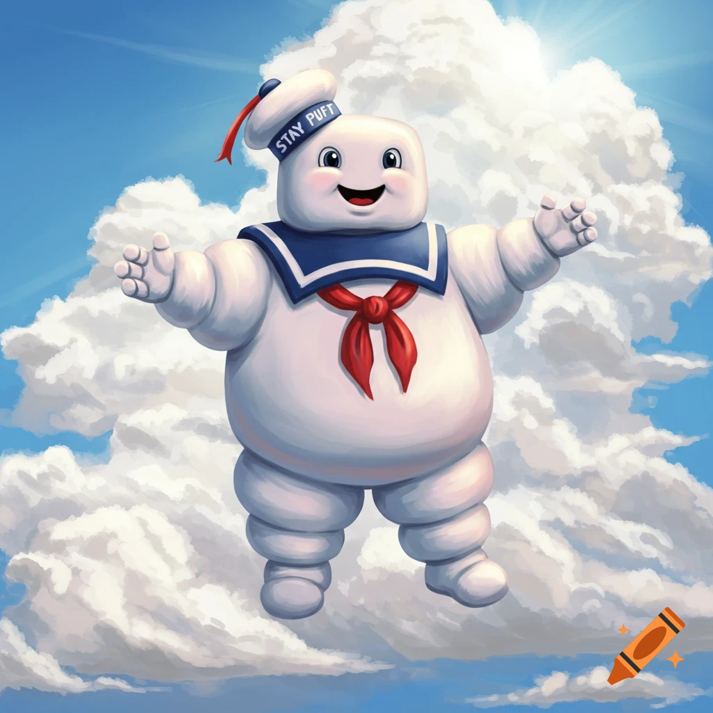 Stay Puft Marshmallow Man floating among clouds