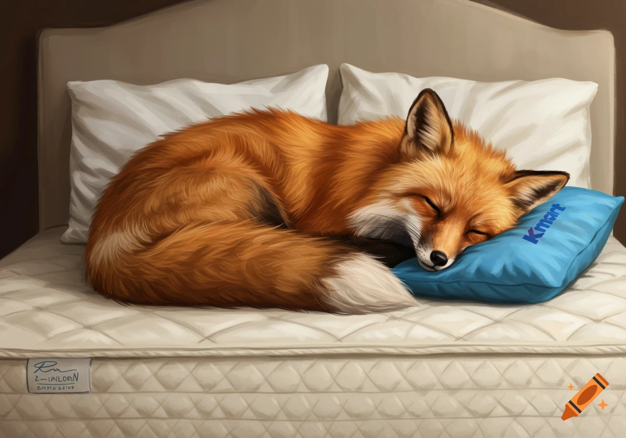 A red fox sleeps curled up on a large mattress with a blue pillow.