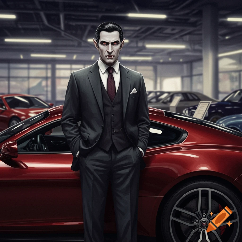 A vampire in a suit stands next to a red sports car in a dealership.
