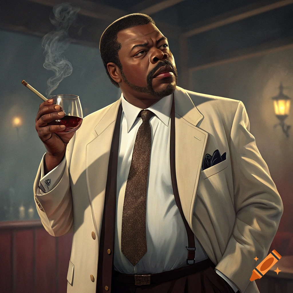 Digital painting of a man in a cream suit, holding a glass and a cigarette, looking off-camera.