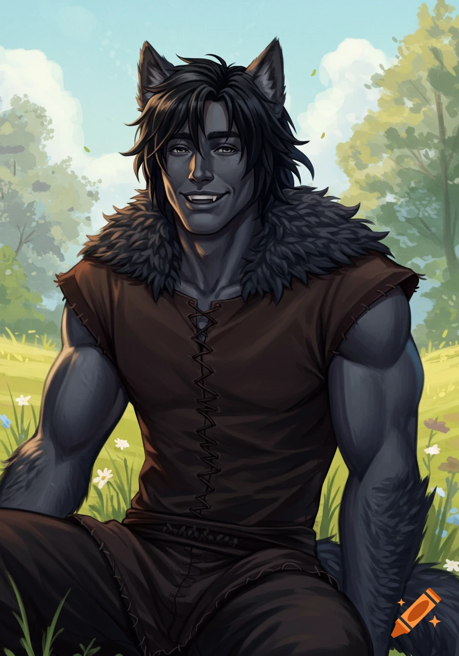 Illustration of a smiling man with wolf features, muscular, wearing a tunic, sitting in a sunny field with flowers and trees.