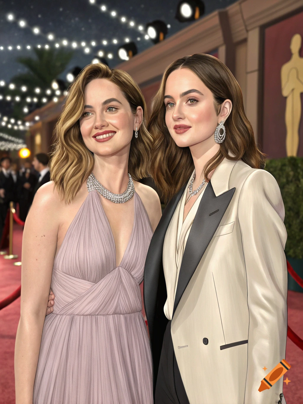 Detailed illustration of two women on a red carpet with an Oscar statue in the background