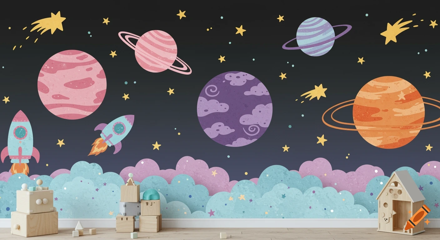 Kids space wallpaper with colorful planets, rockets, and stars above pastel clouds