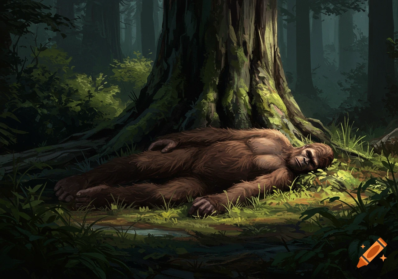 A bigfoot lies on the ground, asleep or dead, in a sunlit patch of forest.