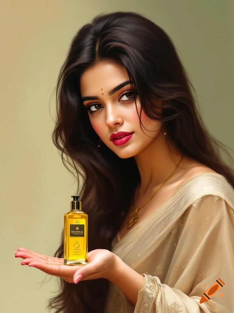 A beautiful woman in a traditional sari holds a bottle of hair oil in her hand, looking towards the viewer.
